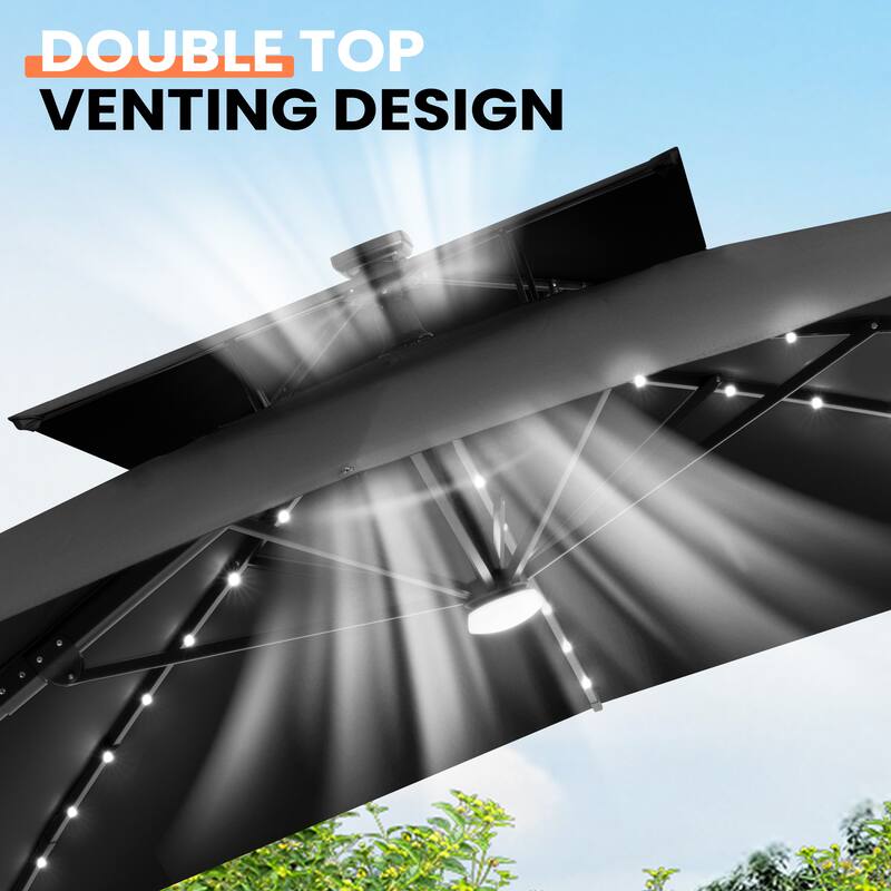 12 x 9 FT Outdoor Patio Cantilever Umbrella with Solar Lights Double Canopy 360 Rotation Tilt with Wheel Base
