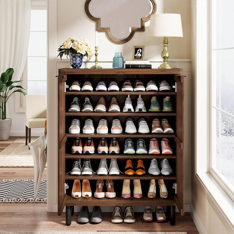 6-Tier Shoe Cabinet with Shutter Doors Adjustable Shelves Wooden Storage Cabinet for Entryway/Hallway/Closet/Living Room