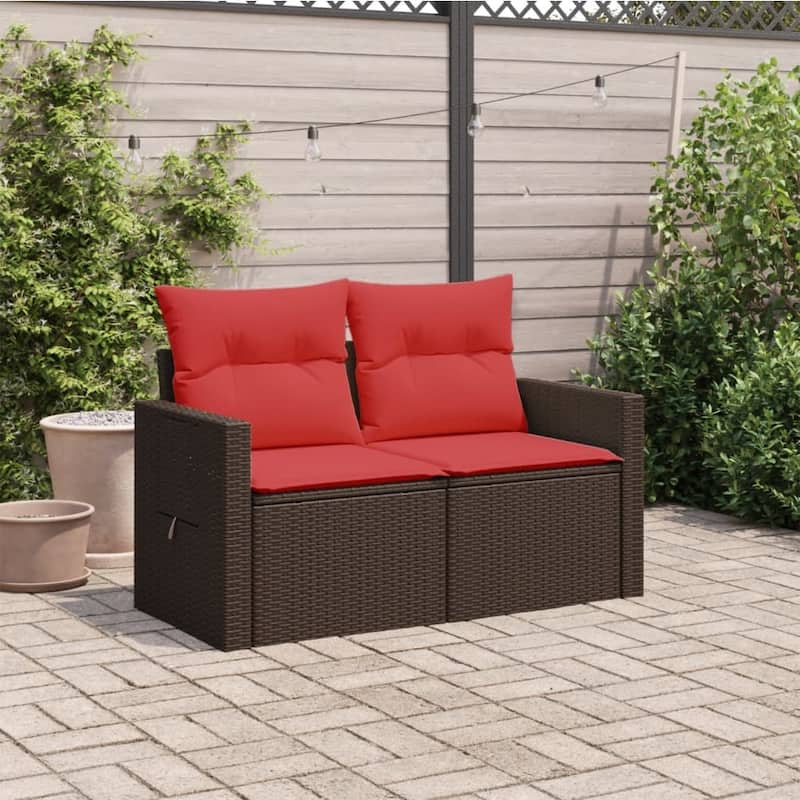 vidaXL Patio Sofa with Cushions 2-Seater Loveseat Poly Rattan Brown/Gray/Black - 51.6" x 24.4" x 27.2"