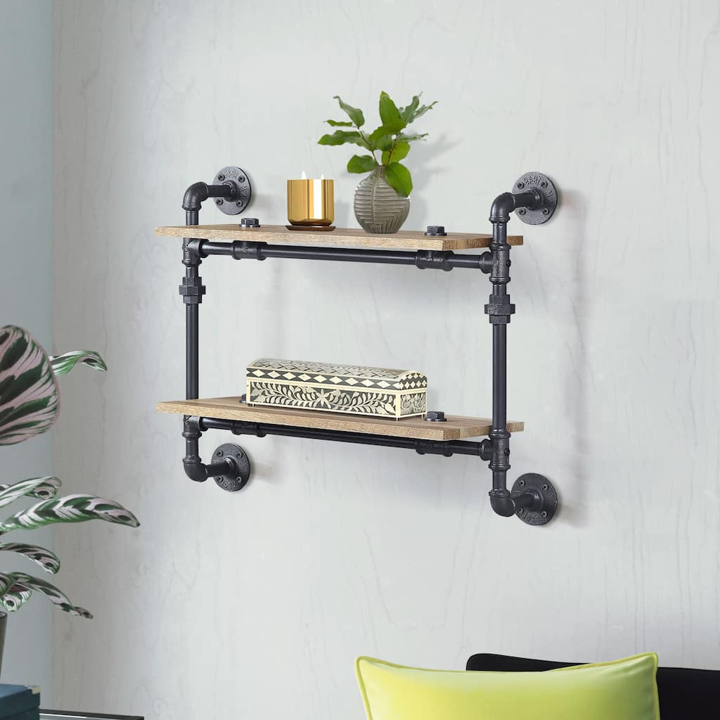 Mankato Oak and Sandy Black Rectangle 2-Tier Wall Shelf