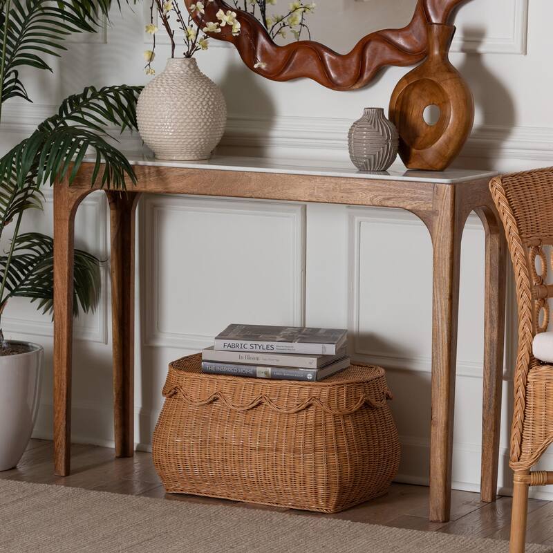 Lluvia Slim Marble Console Table - Modern Accent Table with Mango Wood Frame for Entryway, Hallway, or Living Room