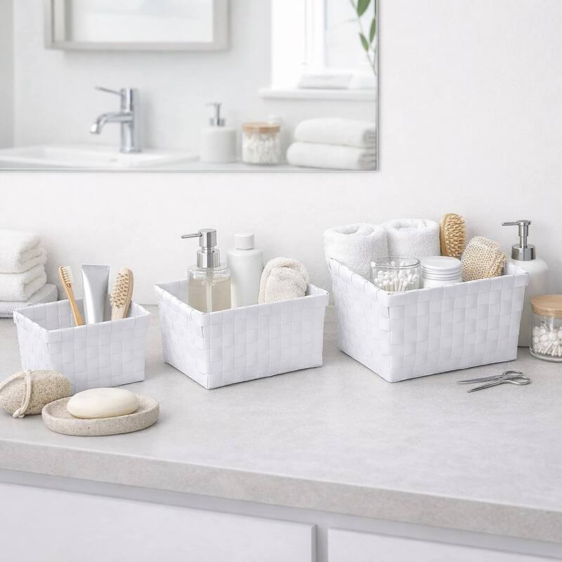 Checkered Woven Strap Storage Baskets (Set of 3) - 7.8 L x 5.3 W x 4.2 H