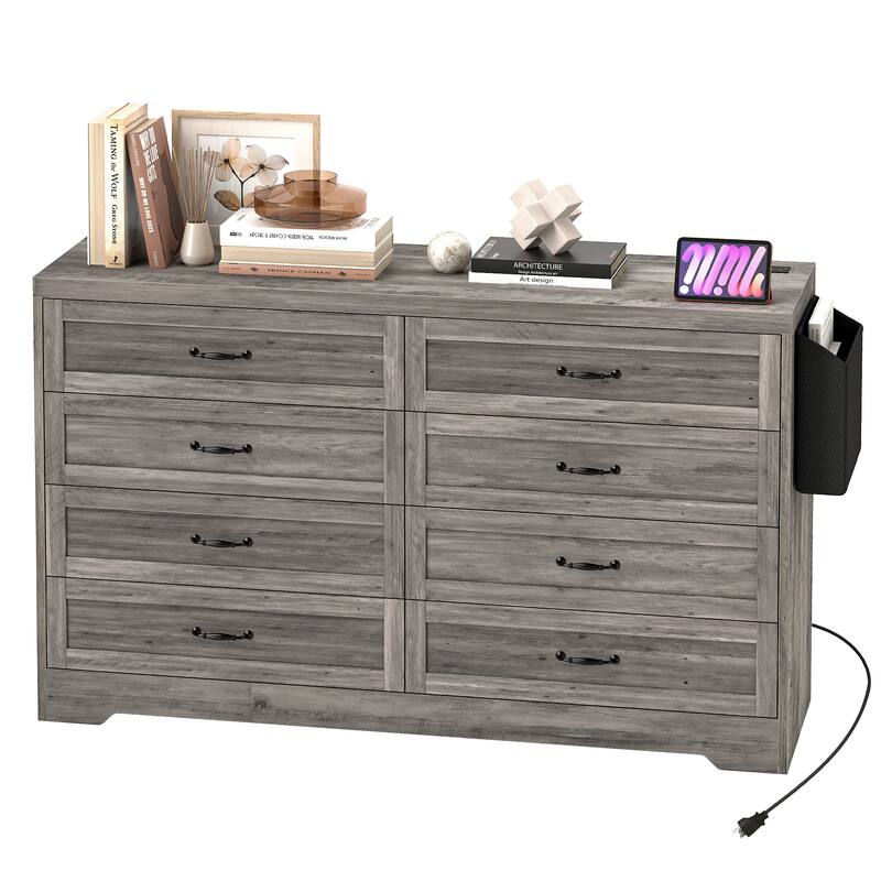 Vintage Double Dresser Chest of Drawers with Charging Station and Side Organizer Bag - Grey - 8-drawer