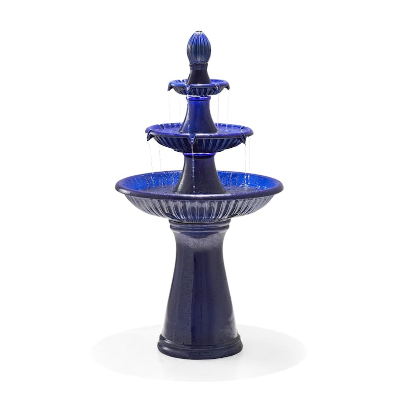Glitzhome 45"H Oversized 3-Tier Pedestal Lotus Ceramic Resin Outdoor LED Fountains - Blue - Pedestal