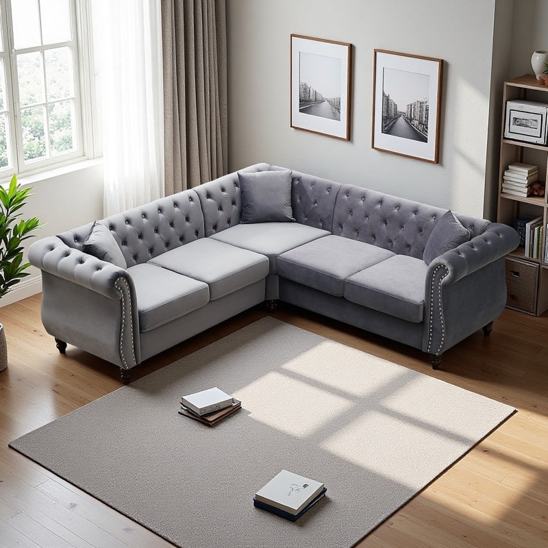 83.5" Velvet L-Shaped Sectional Sofa, 5-Seater Corner Couch with 3 Pillows