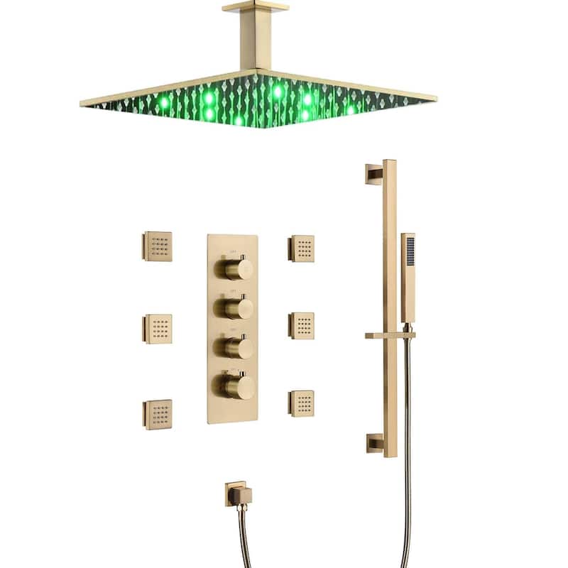 Chrome 16" LED Rainfall Shower X3 Thermostatic Faucet System w/ Slide Bar, 6 Jets