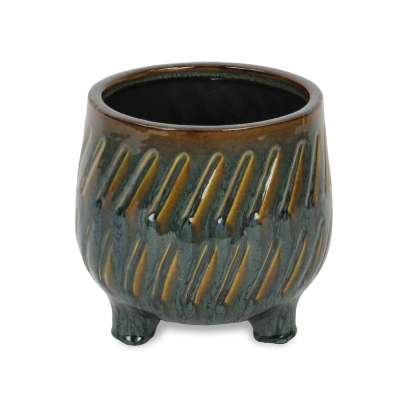 Astrona Raised Round Dual Band Diagonal Patterned Ceramic Pot - Dark Copper