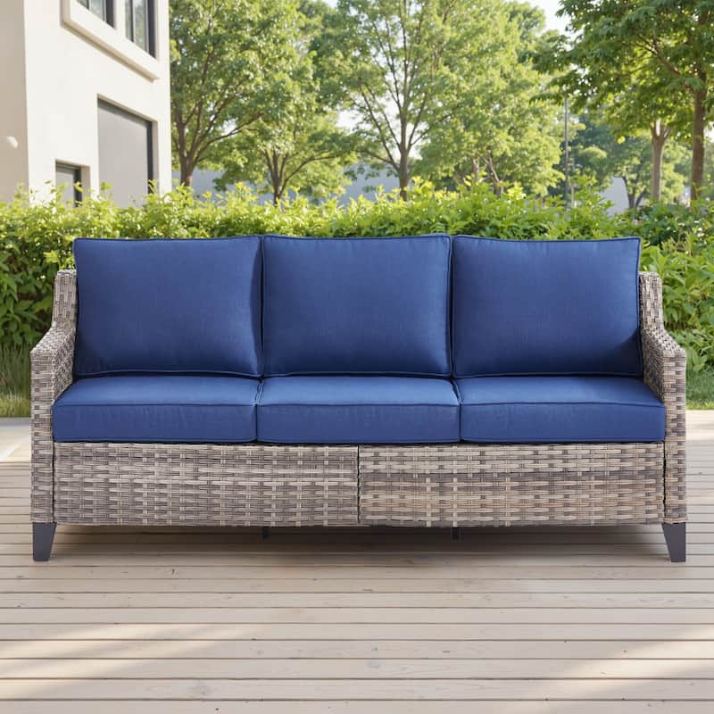 Glissia 3-Seat Handwoven Gray Wicker Patio Sofa with 4-Inch Thick Cushions