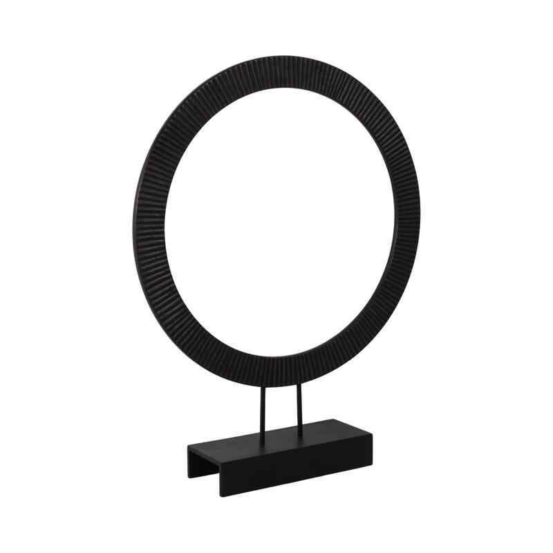 Wood and Iron Ring Sculpture on Base with Modern Grooved Texture