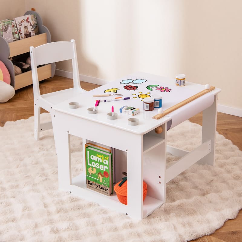Gymax Kid's Art Table & Chair Set w/ Paper Roll 4 Paint Cups & 2