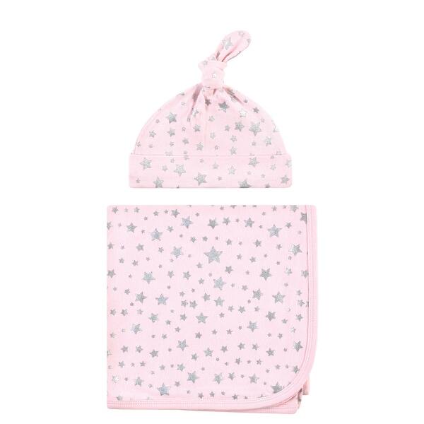 slide 1 of 1, Hudson Baby Infant Girl Swaddle Blanket and Cap or Headband, Silver Pink Star, One Size - Silver Pink Star - One Size One Size - Silver Pink Star