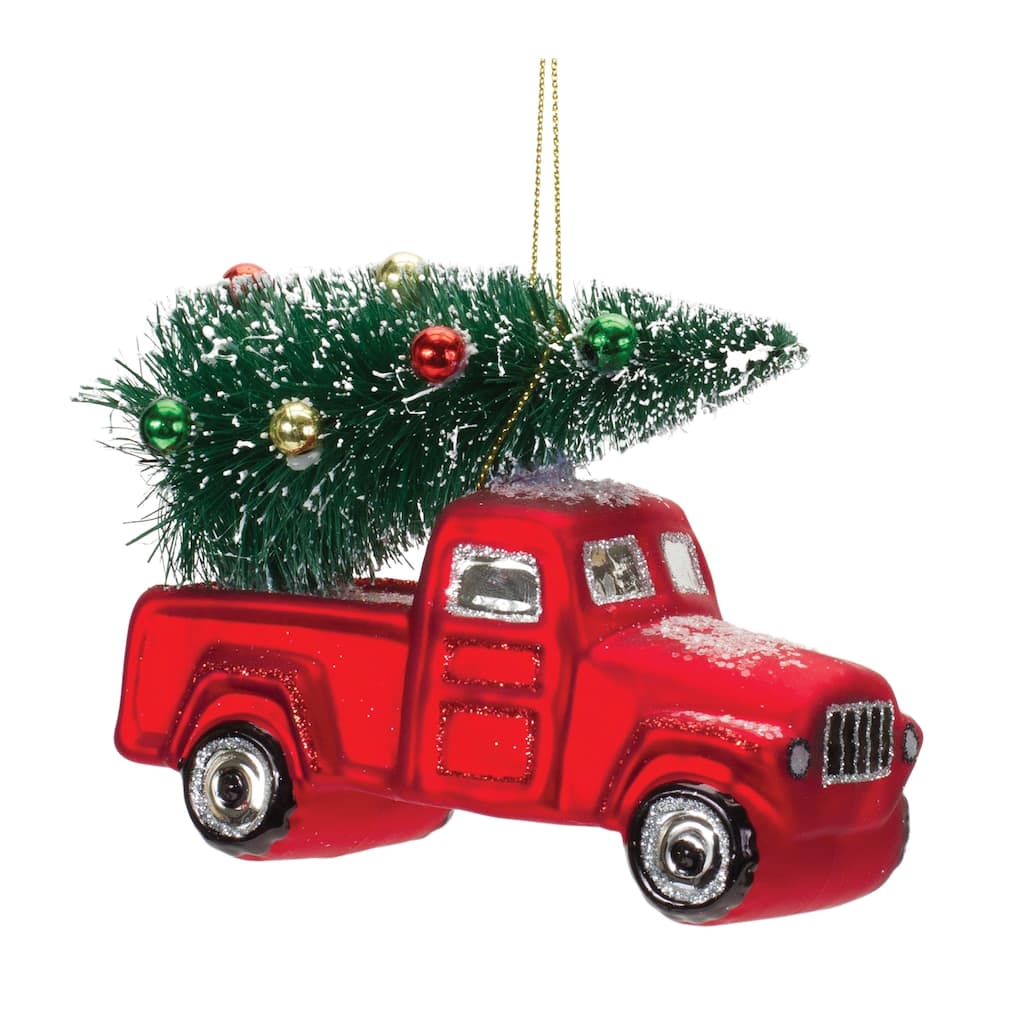 Set of 6 Glittered Glass Pickup Truck Christmas Ornaments 4.25"