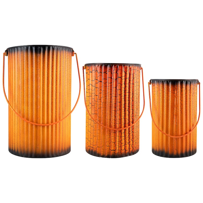 3 Piece Black Orange Metal Pumpkin Lantern Set Halloween Decoration