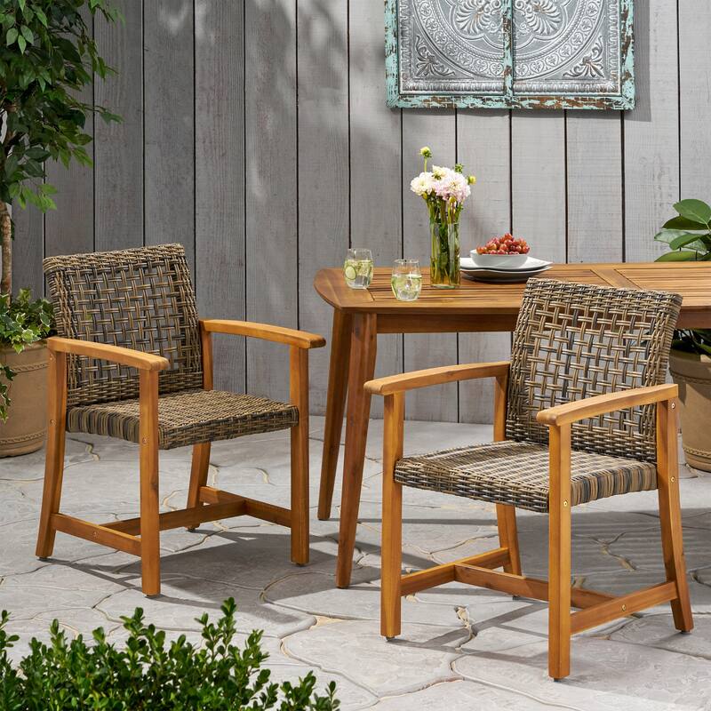 2pc Hampton Dining Chair Set Natural Stained Acacia Wood and PE Rattan Outdoor Patio Furniture 33in