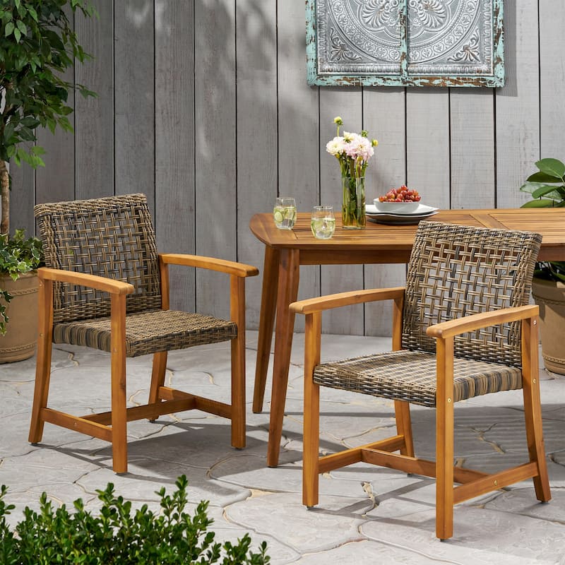 Roomfitters Outdoor Dining Chairs Set of 2, Acacia Wood Patio Armchairs with Woven Seat and Backrest