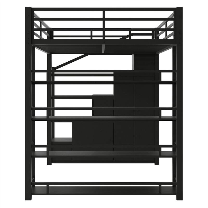 Full Size Loft Bed with Bulit-in Wardrobe and Cabinets, Metal Loft Bedframe with Storage Staircase and Open Shelves