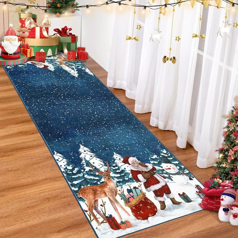 Soft Non-Slip Washable Christmas Santa Claus Area Rugs, Xmas Holiday, Blue - 2*6ft
