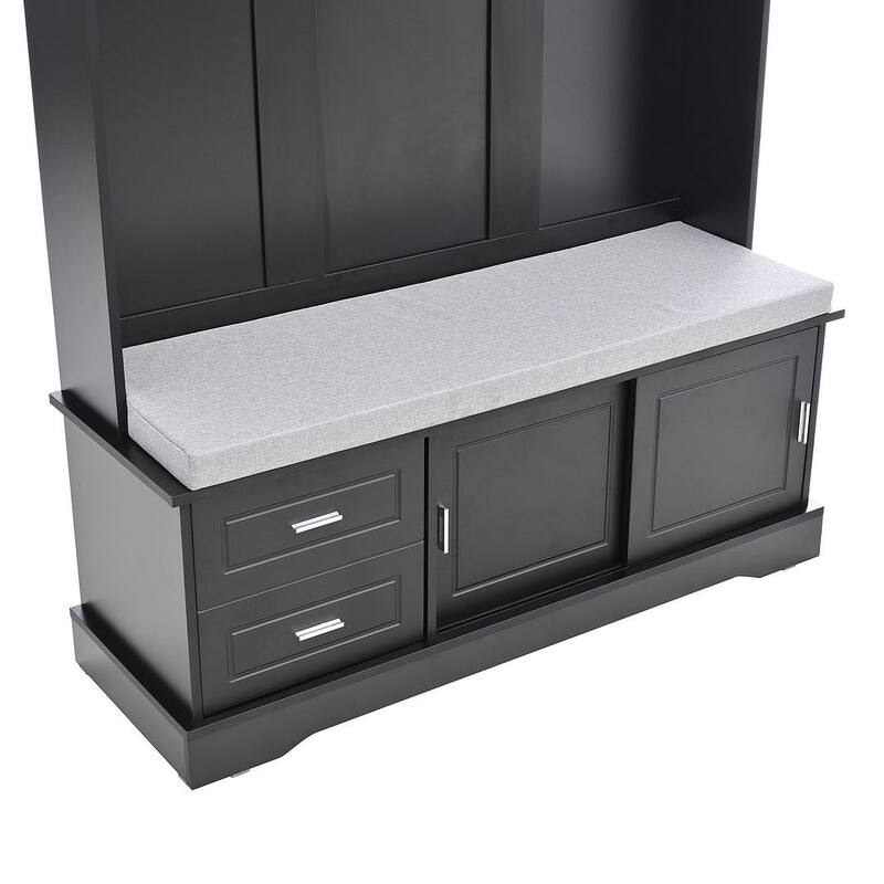 Hall Tree with Sliding Door Bench Cushion Silver Handle Storage Cabinet