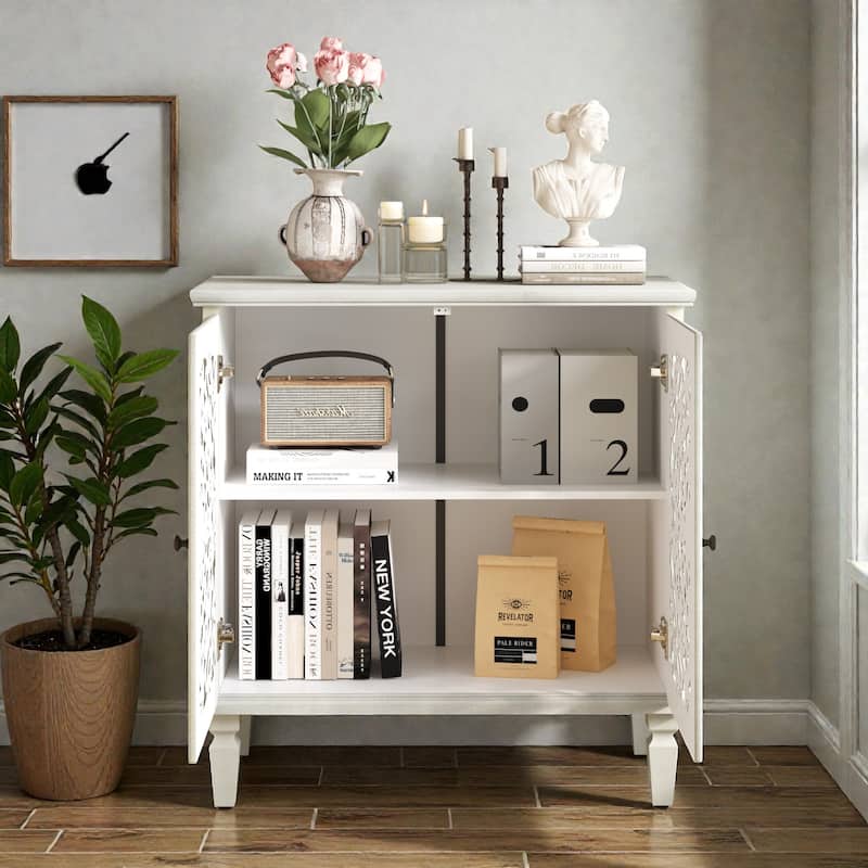 Vintage Hollow-Carved 2-Door Accent Cabinet with Floral Design, Adjustable Shelf and Solid Wood Legs, 31.5'' Sideboard