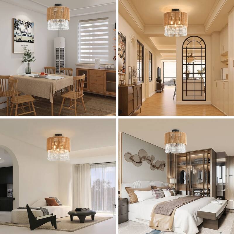3 - Light Bohemian Rattan & Crystal Semi - Flush Mount Chandelier