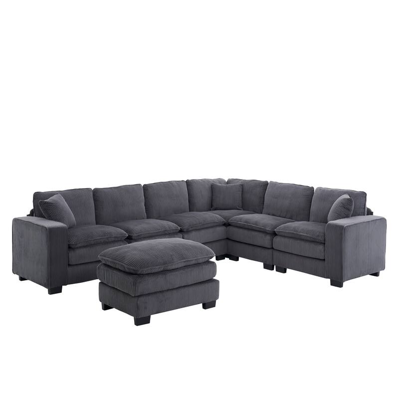 Modular Sectional Sofa for Living Room, U Shaped Sofa Couch with Ottoman and Three Toss Pillows, Corduroy Fabric Sofa Set