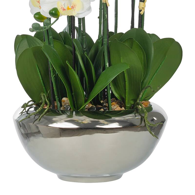 14 Stems Real Touch White Phalaenopsis Orchids with Green Leaf in Silver Ceramic Pot - 30.71" H x 33.46" W x 29.13" D