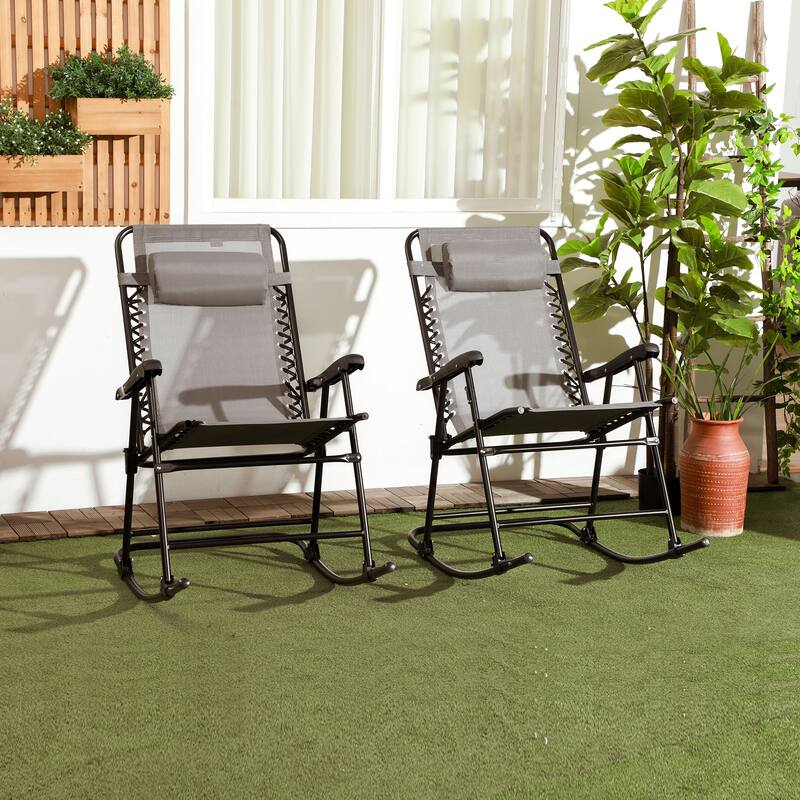 Outsunny 2 Piece Outdoor Rocking Chair Set, Patio Folding Lawn Rocker Set with Headrests for Yard, Patio, Deck, Backyard