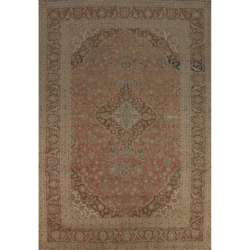 Traditional Mashad Persian Vintage Rug Handmade Orange Wool Carpet - 9'6" x 12'9"