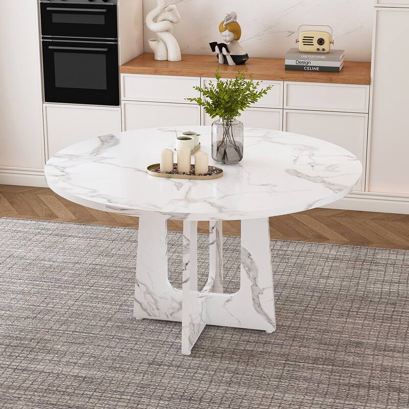 47.24" Farmhouse Round Dining Table – MDF Construction with Marble White Finish, 300lb Capacity - White