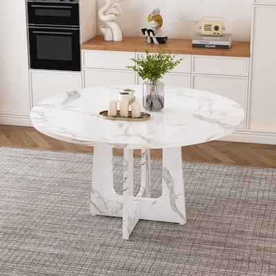 47.24" Farmhouse Round Dining Table – MDF Construction with Marble White Finish, 300lb Capacity