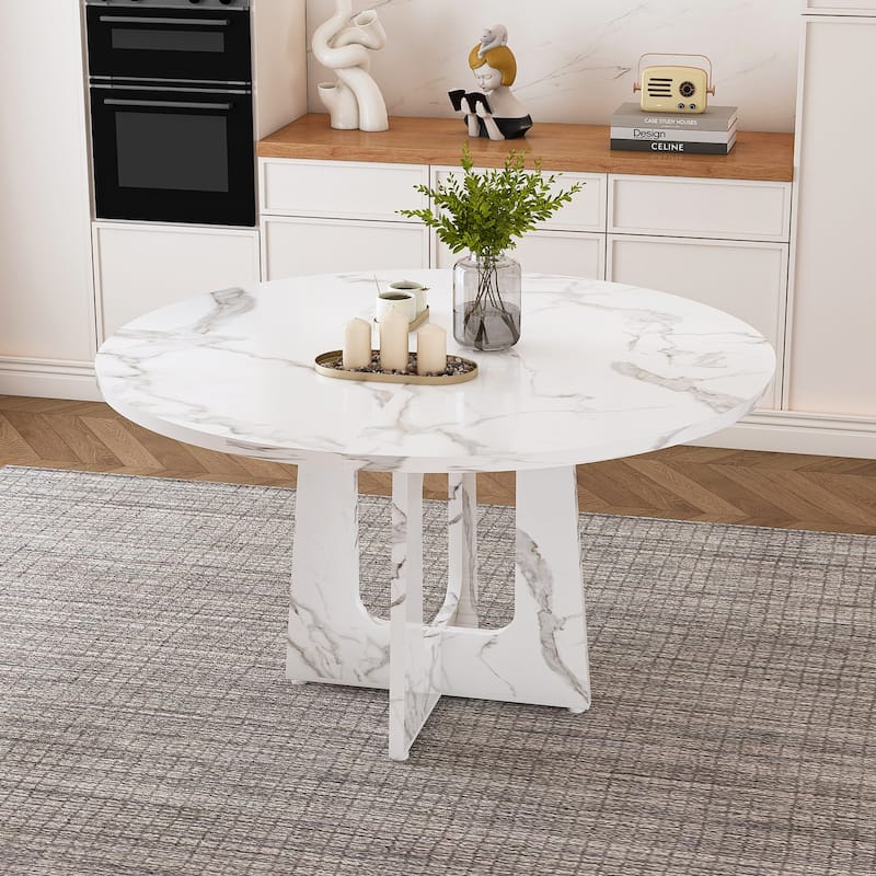 47.24" Round Dining Table for 4 - Farmhouse MDF Table with Marble White Finish, 300lb Capacity, Easy Assembly for Dining Room