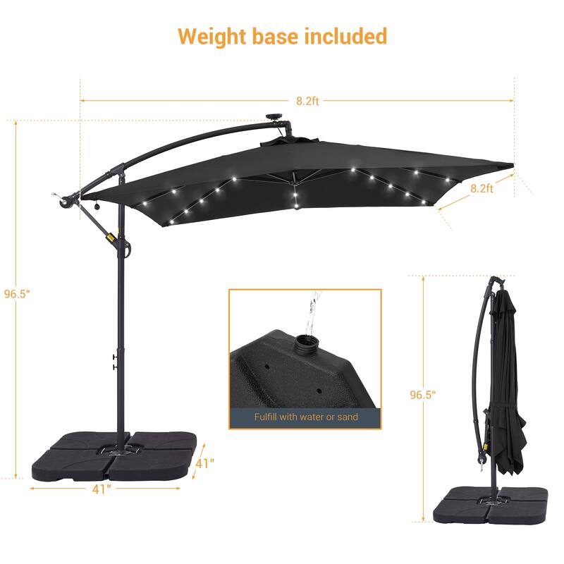 LIVOOSUN Solar Powered 8.2ft LED Patio Offset Umbrella With Base