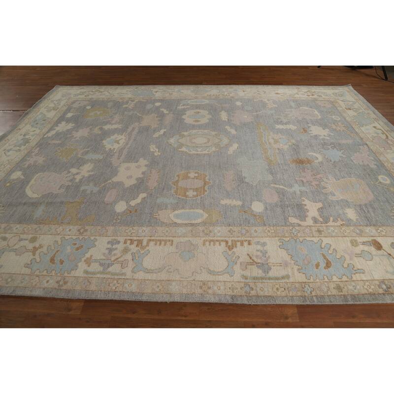 Hand Knotted Oriental 100% Wool Carpet Transitional All-Over Greys & Charcoal Oushak Area Rug - 12' 0'' X 9' 2''