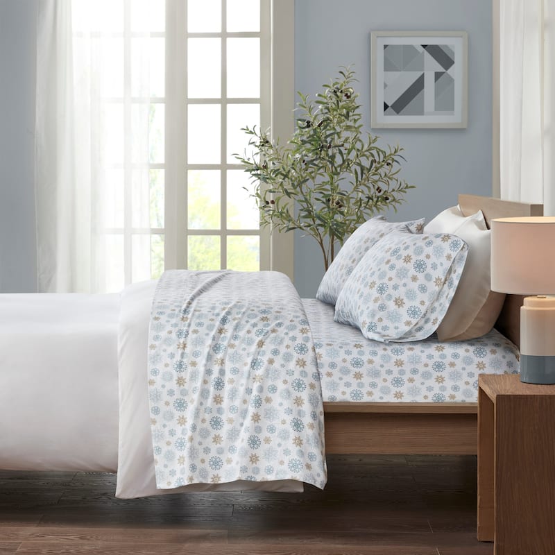 Madison Park Cozy Cotton Flannel Printed Sheet Set - Twin - Tan/Blue Snowflakes