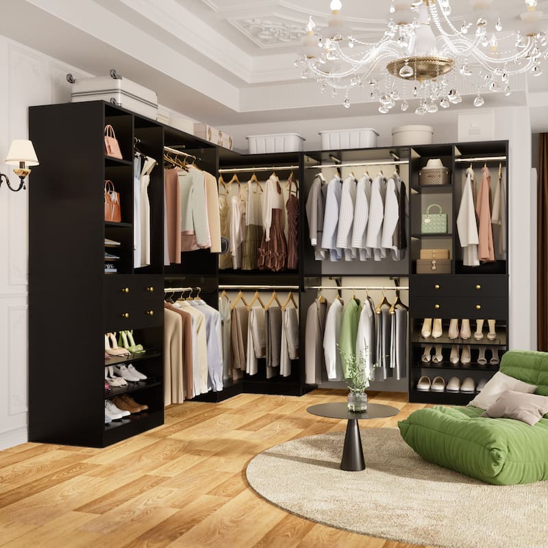 Rackcog Freestanding Corner Closet System Set, Closet Organizer with Hanging Rods and Drawers