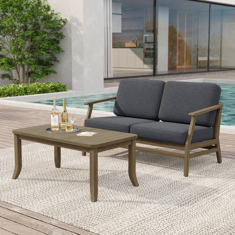 Teak Wood Patio Outdoor Loveseat Sofa and Coffee Table Set