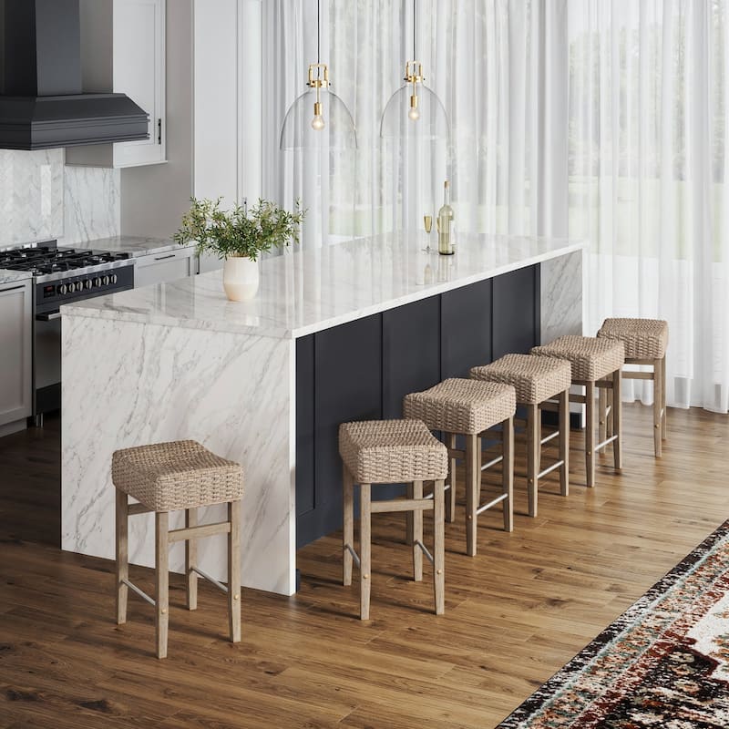 Harvey Rattan Bar Stool, Bohemian Counter Height Stool with Woven Seagrass Seat, Solid Wood Legs, and Metal Footrest