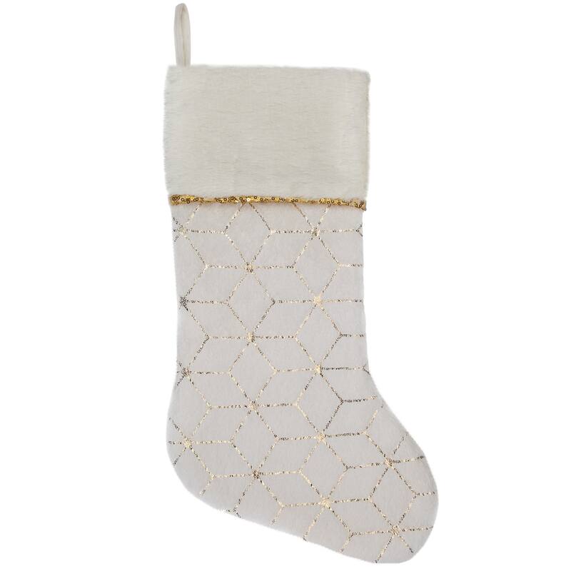 20" Cream and Gold Christmas Stocking with Faux Fur