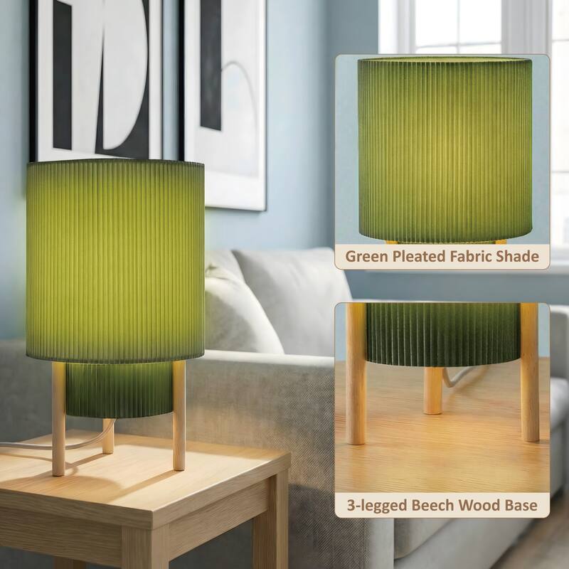 10" Table Lamp with Pleated Fabric Shade, Natural Rubber Wood Base, Dimmerable Rotary Switch