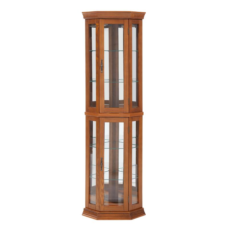 Sophisticated Cherry or Oak Corner Curio Sideboard Buffet Cabinet with Glass Display Shelves, Lighting System, Metal Handles