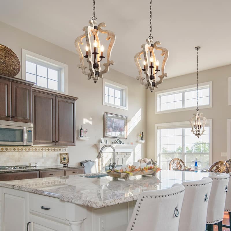 Modern Farmhouse 3-Light Wood Lantern Chandelier for Kitchen Island - W16.5" x H29"