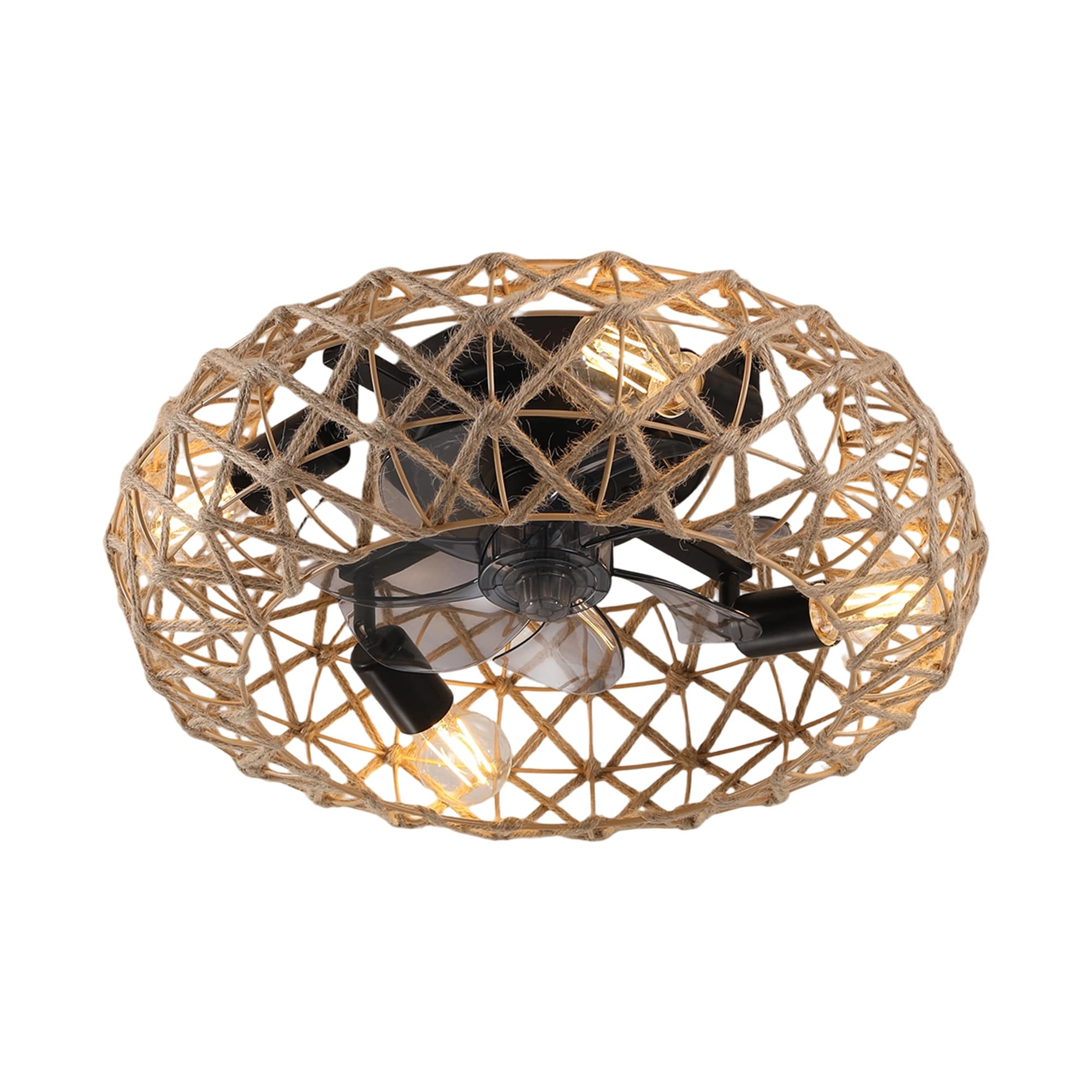 19" Ceiling-mounted Jute Rope Fan Light Strip with 4 Bulbs, Dimmable, 7 Dlades, Reversible DC Motor - Earthy Yellow