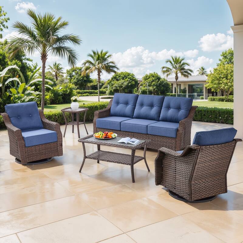 Gymojoy Wicker Patio Furniture Sofa Set, 6-Inch Ultra Thick Cushioned 360°Swivel Glider Chairs & Sofa Set