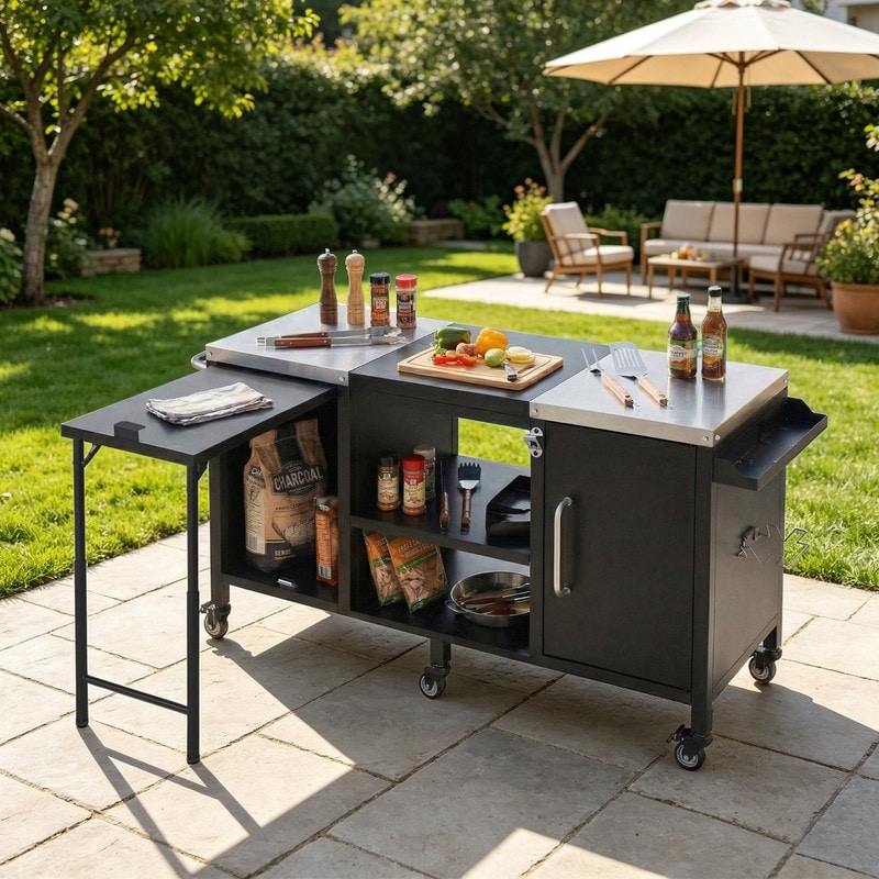 Outdoor Grill Cart For Big Green Egg With Storage Box, Fold-Out