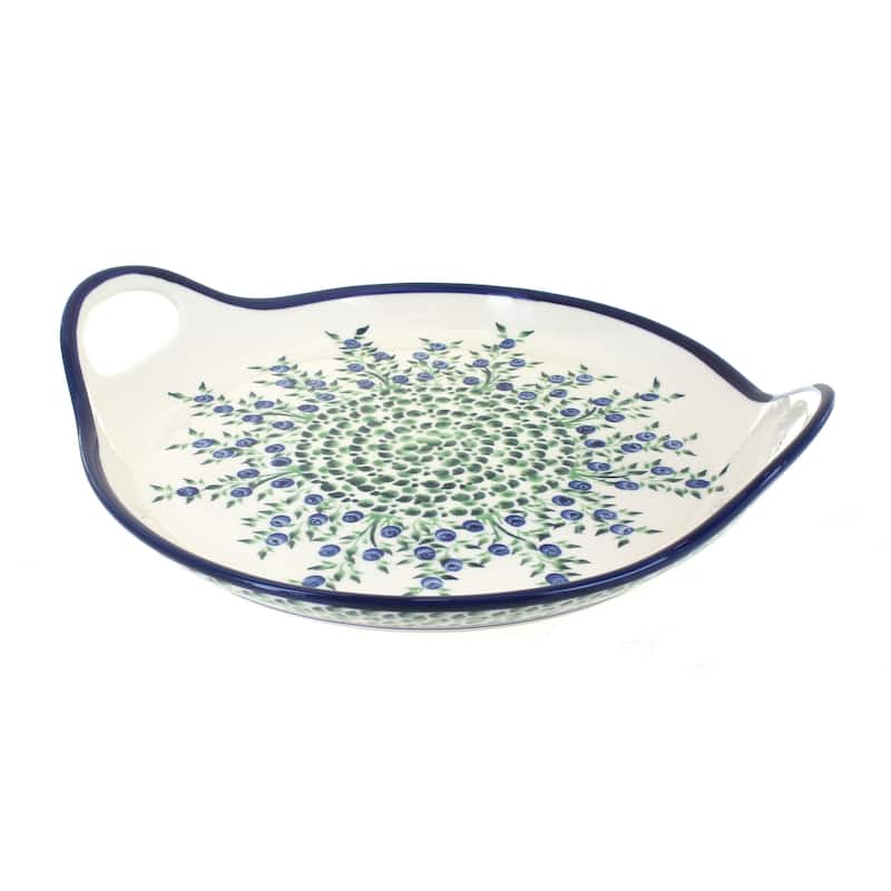 Blue Rose Polish Pottery 1333 Zaklady Round Serving Tray with Handles - Porcealin Vine