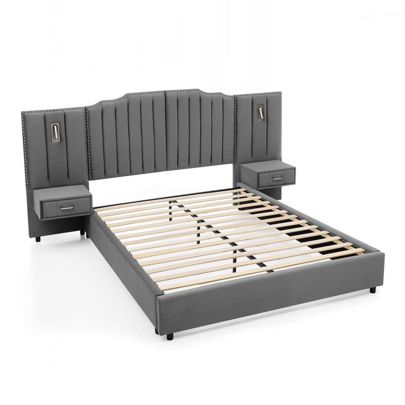Queen Size Upholstered Bed Frame , Vertical Stripe Design with Buttons Around Platform Bed with Headboard