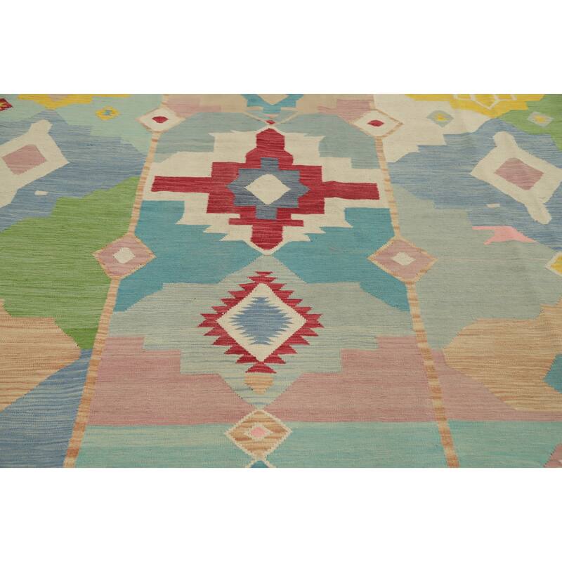 Hand Woven Oriental 100% Wool Carpet Southwestern Tribal Navy Blue & Blues Kilim Area Rug - 13' 4'' X 10' 0''