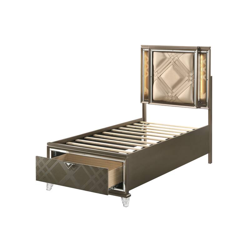 Modern Wood Bed with Champagne Leatherette Headboard and LED Lighting