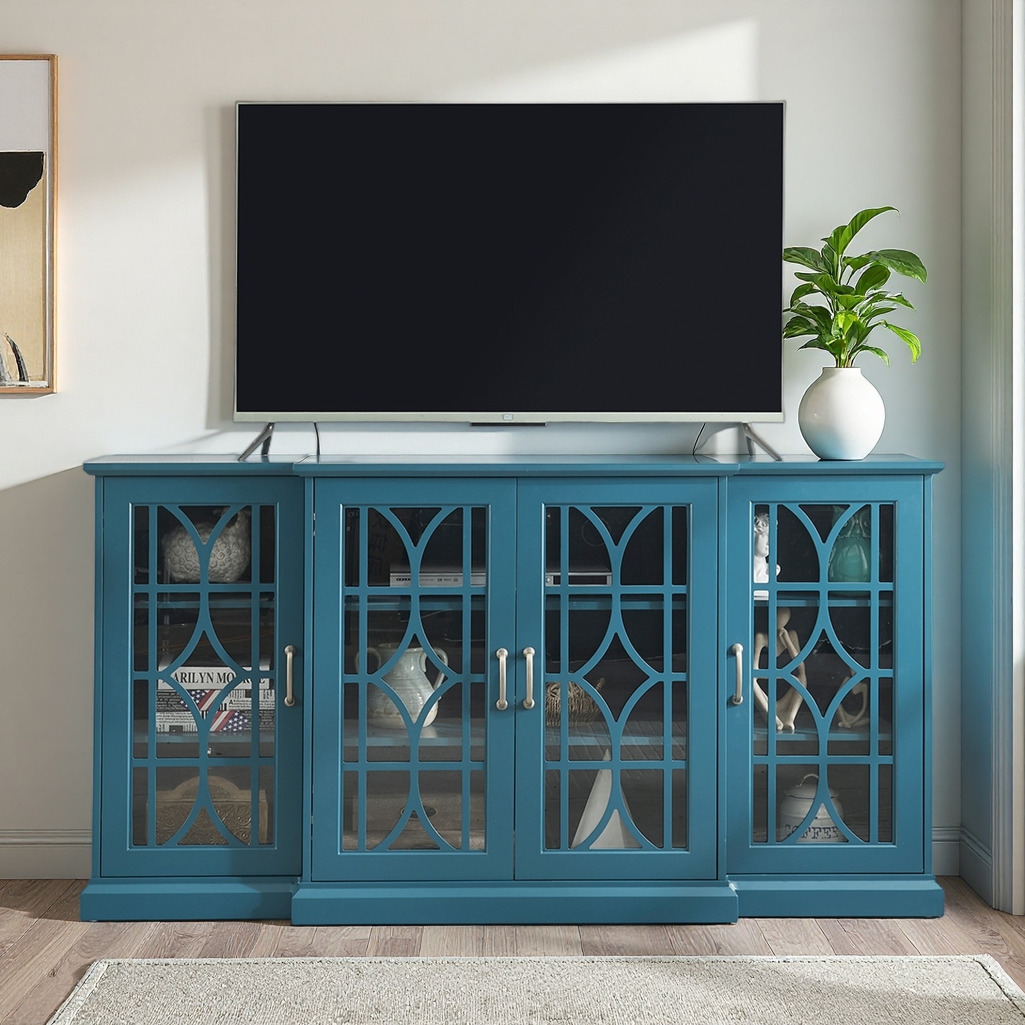 63" TV Stand Sideboard Buffet Cabinet with 4 Doors, 6 Adjustable Shelves, Tempered Glass & Cable Management