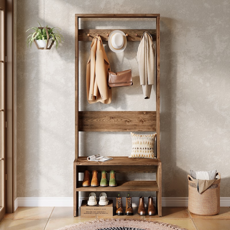 Solid Wood Entryway Hall Tree With Storage Bench And 7 Hooks